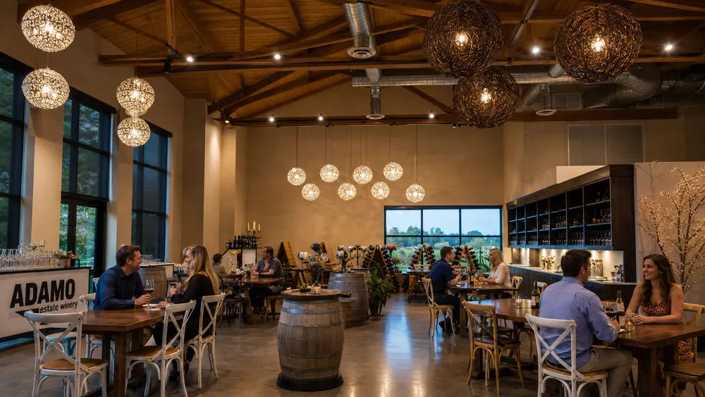 The tasting room at Adamo Estate, with high timber ceilings, woven globe pendant lights, barrel tables and guests seated with glasses of wine.
