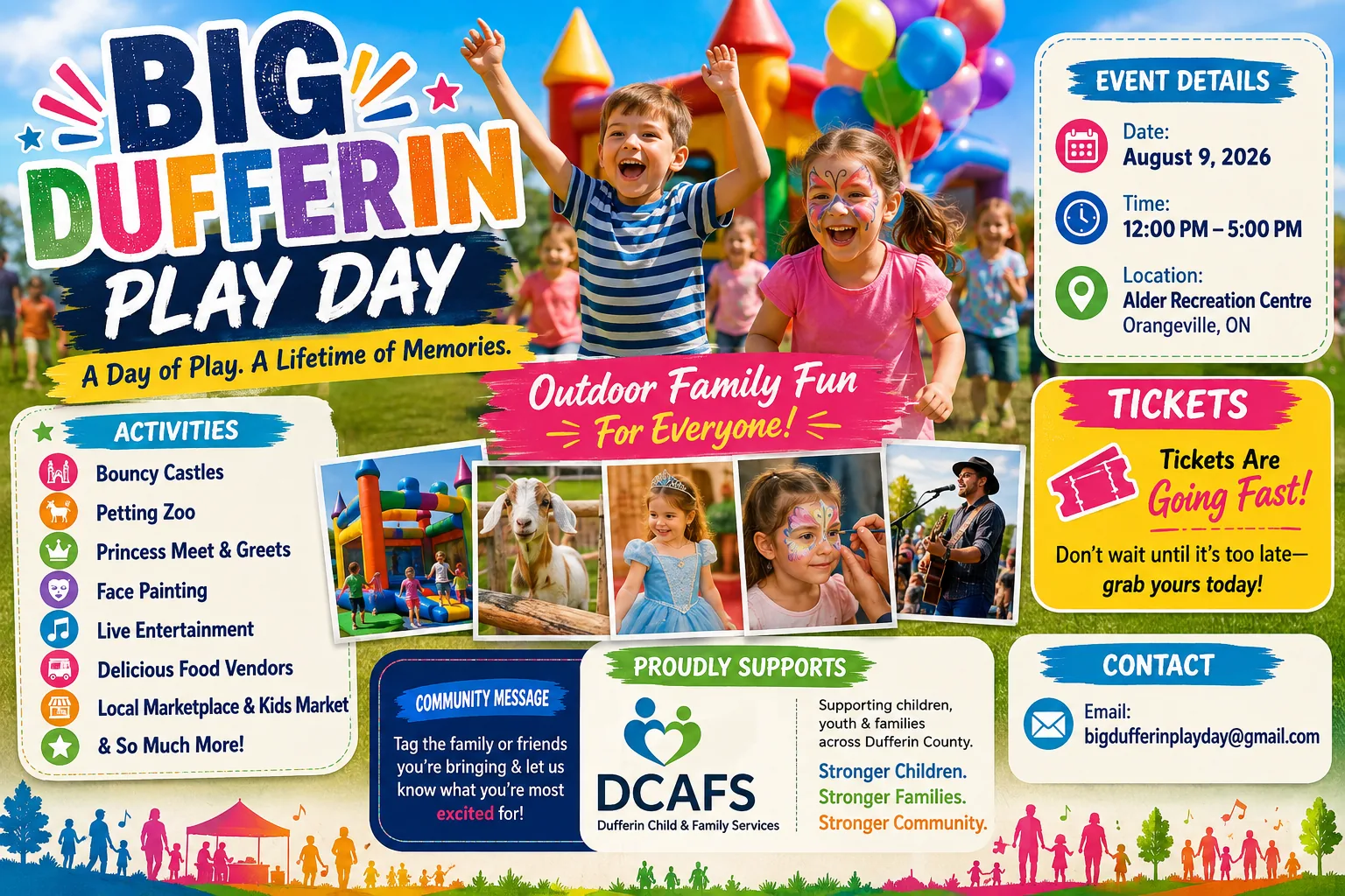 Big Dufferin Play Day poster — Sunday August 9 2026, 12pm to 5pm at Alder Recreation Centre, Orangeville. Children running past a bouncy castle with balloons and face paint, alongside a list of activities including a petting zoo and princess meet-and-greets.