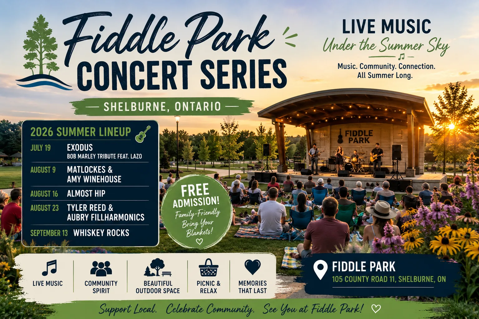 Fiddle Park Concert Series 2026, Shelburne Ontario — a band playing the covered outdoor stage at sunset with the audience on blankets and lawn chairs, alongside the summer lineup and free admission details.