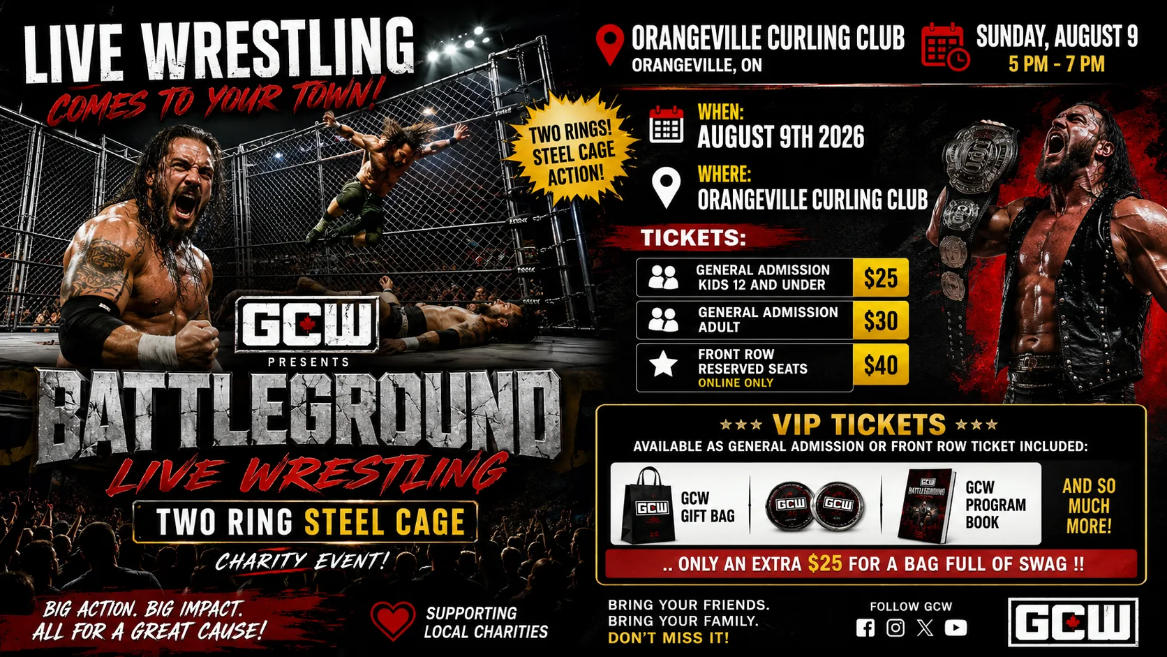 GCW Battleground live wrestling poster — Sunday August 9 2026, 5pm to 7pm at the Orangeville Curling Club. Two-ring steel cage charity event, with wrestlers in a caged ring and ticket prices listed.