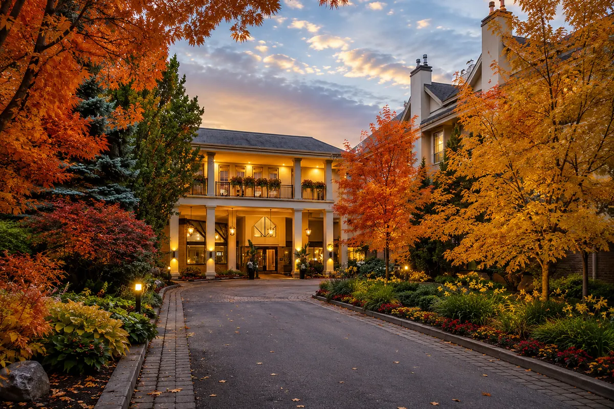 The lit main entrance of Hockley Valley Resort at dusk in autumn, framed by orange and gold maples.