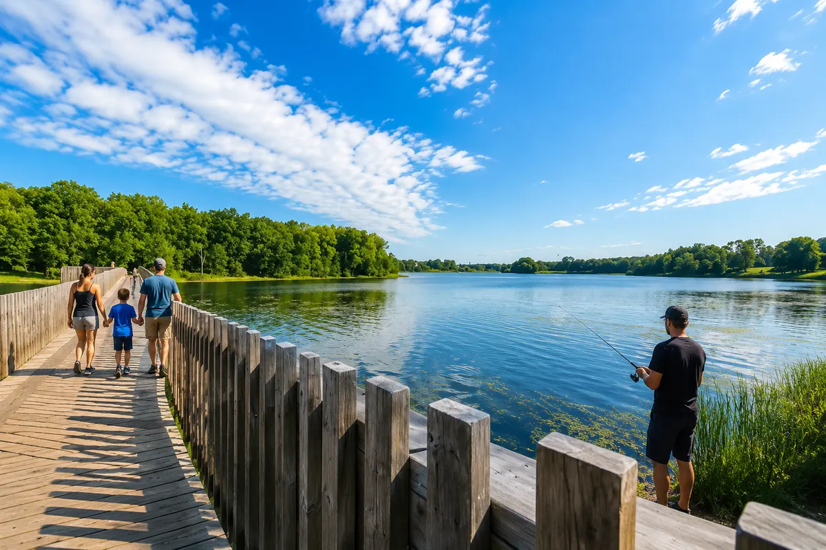 A man fishing from the railing of the wooden boardwalk crossing Island Lake, with a family walking past behind him.