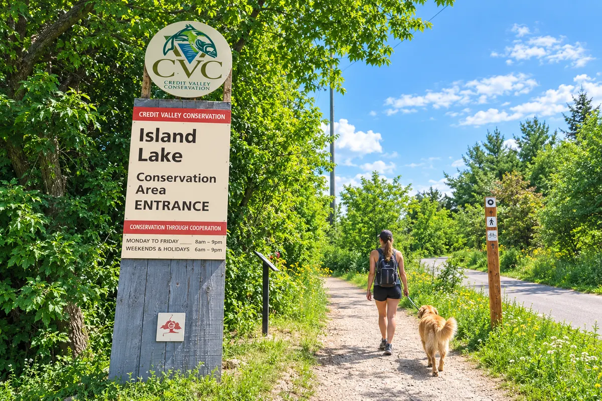 The Credit Valley Conservation entrance sign for Island Lake Conservation Area, with a woman walking a golden retriever along the gravel path beside it.