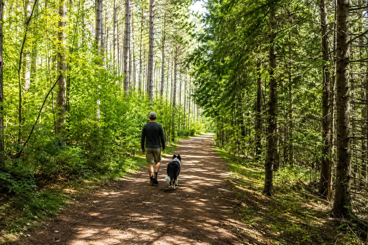 A man walking a black and white dog along a wide, shaded forest trail lined with tall pines at Island Lake.