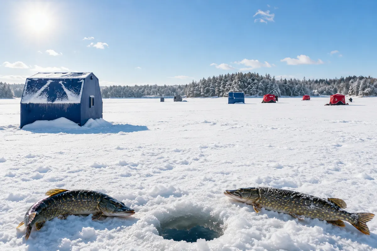 A northern pike and a yellow perch on the snow beside an ice fishing hole at Island Lake, with minnows and a tip-up rig alongside.