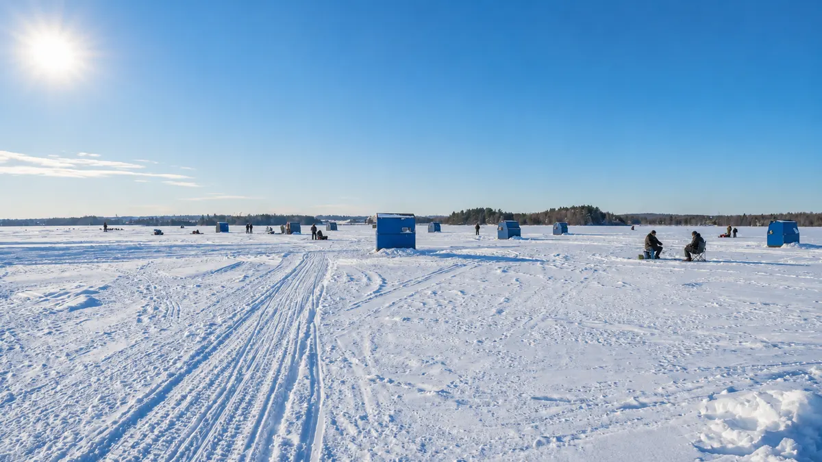 Blue ice huts and anglers spread across the frozen surface of Island Lake on a bright winter day.