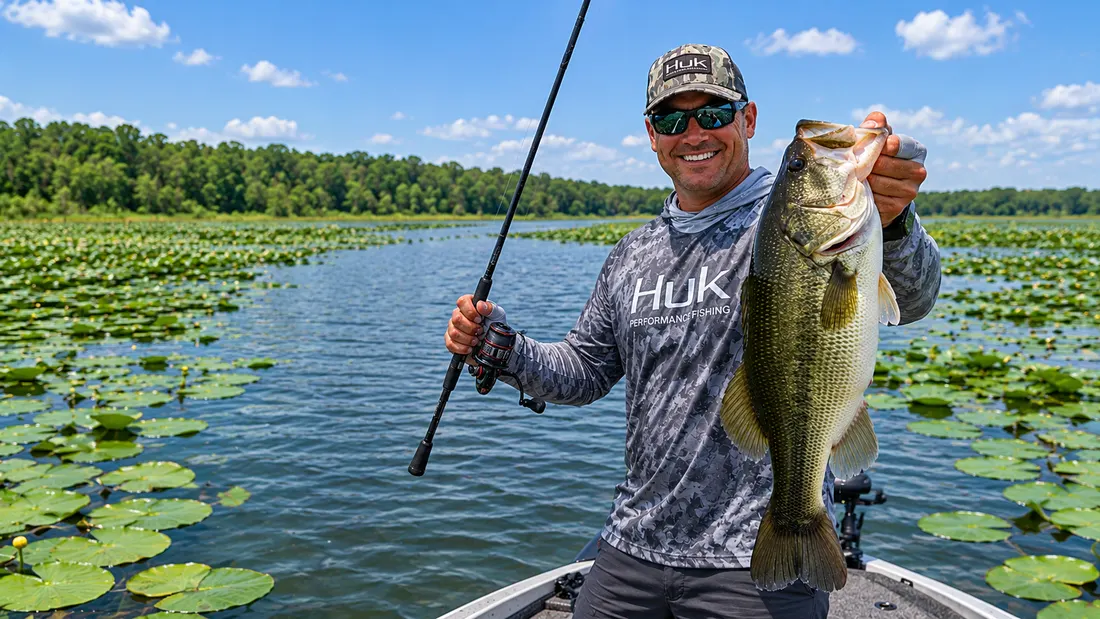 An angler holding a large largemouth bass at Island Lake, rod in hand, over a bay covered in lily pads, with an electric trolling motor on the boat.