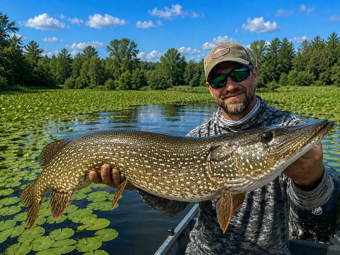 An angler in a boat holding a large northern pike over lily pads.