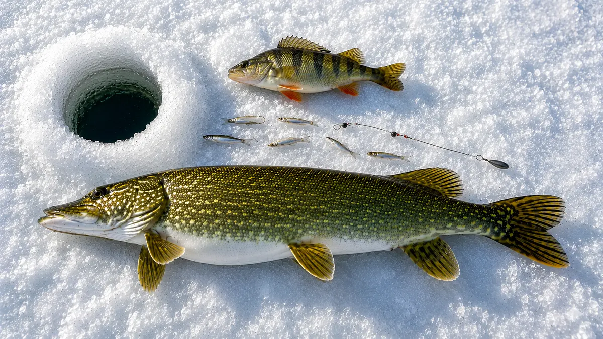 A northern pike and a yellow perch on the snow beside an ice fishing hole at Island Lake, with minnows and a tip-up rig alongside.