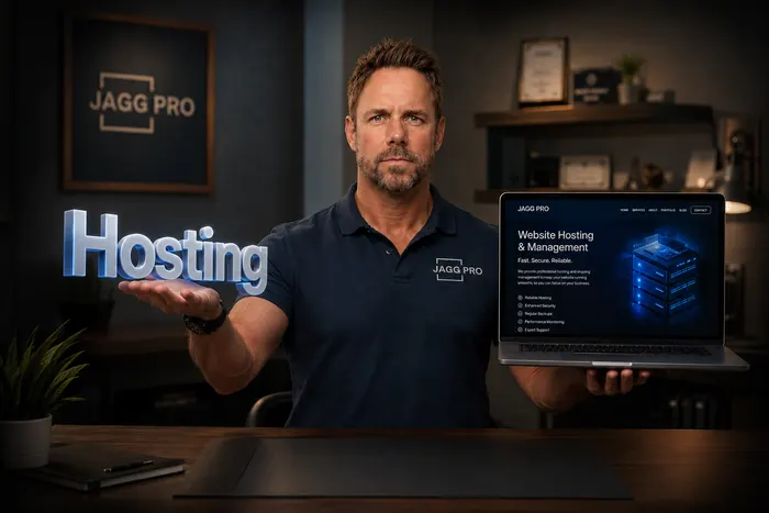 Jagg Pro Digital website hosting and management, shown on a laptop.