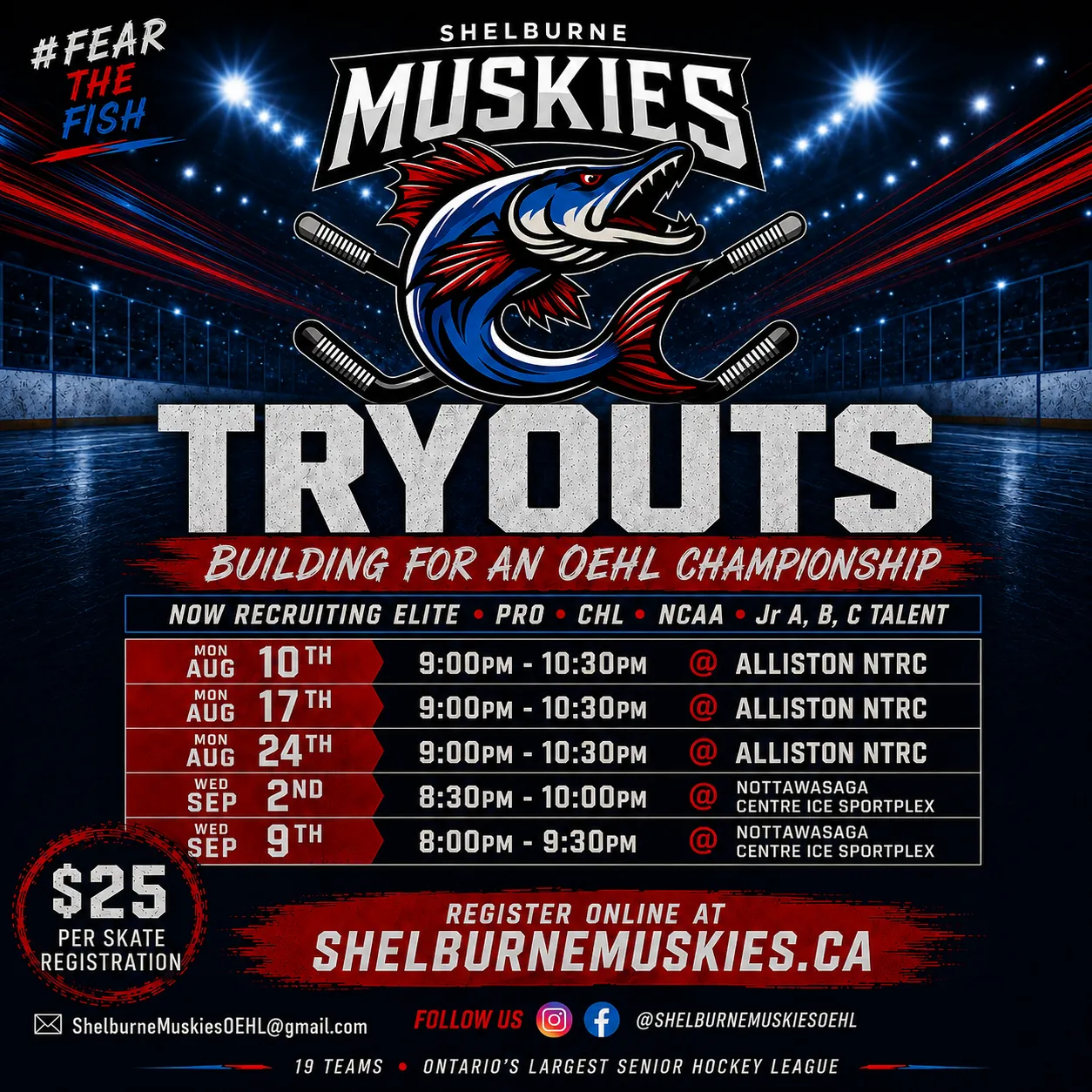 Shelburne Muskies 2026 tryouts poster — the Muskies fish logo over crossed hockey sticks on an arena rink, with five tryout dates in August and September, $25 per skate registration.