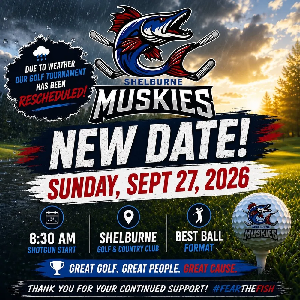 Shelburne Muskies golf tournament poster announcing the new date, Sunday September 27 2026, with an 8:30 a.m. shotgun start at Shelburne Golf & Country Club in best ball format.
